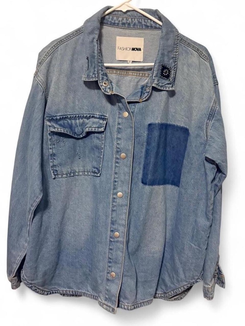 Fashion Nova Women's Light Blue Denim Jacket With Patchwork Sz L
